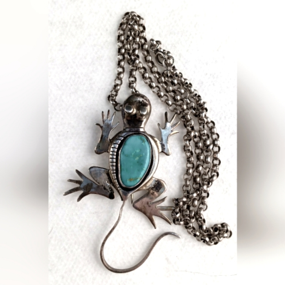 Signed Ben Ration Lizard Gecko Turquoise Sterling Silver Necklace
